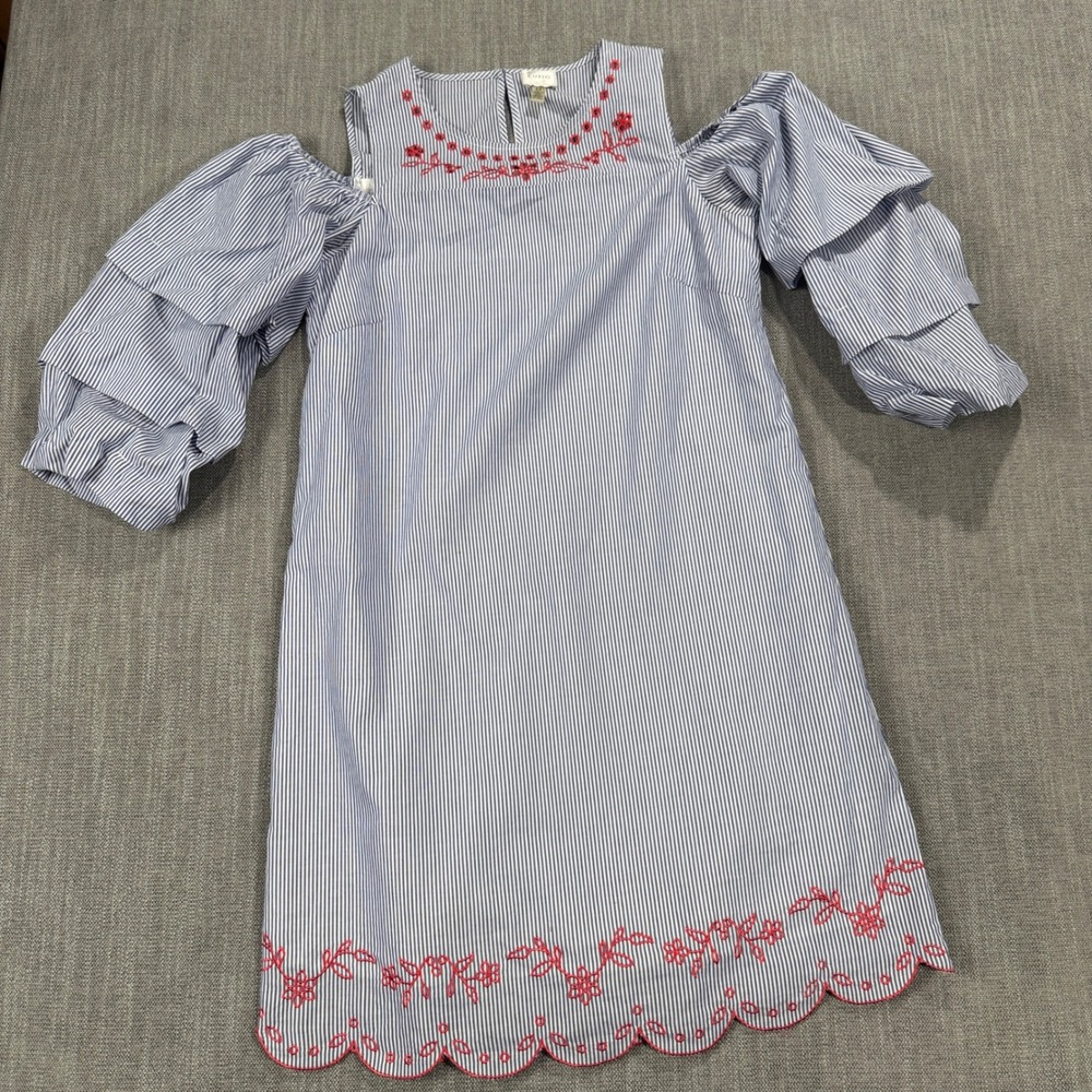 Cupio Blue White Striped Cold Shoulder Dress Red Floral Embroidery Small J3 02
